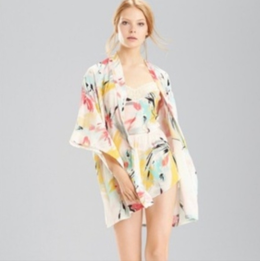 Josie Natori Brush Print Happi Coat Robe.